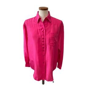 Vintage Silk Long Sleeve button down Top Hot Pink M